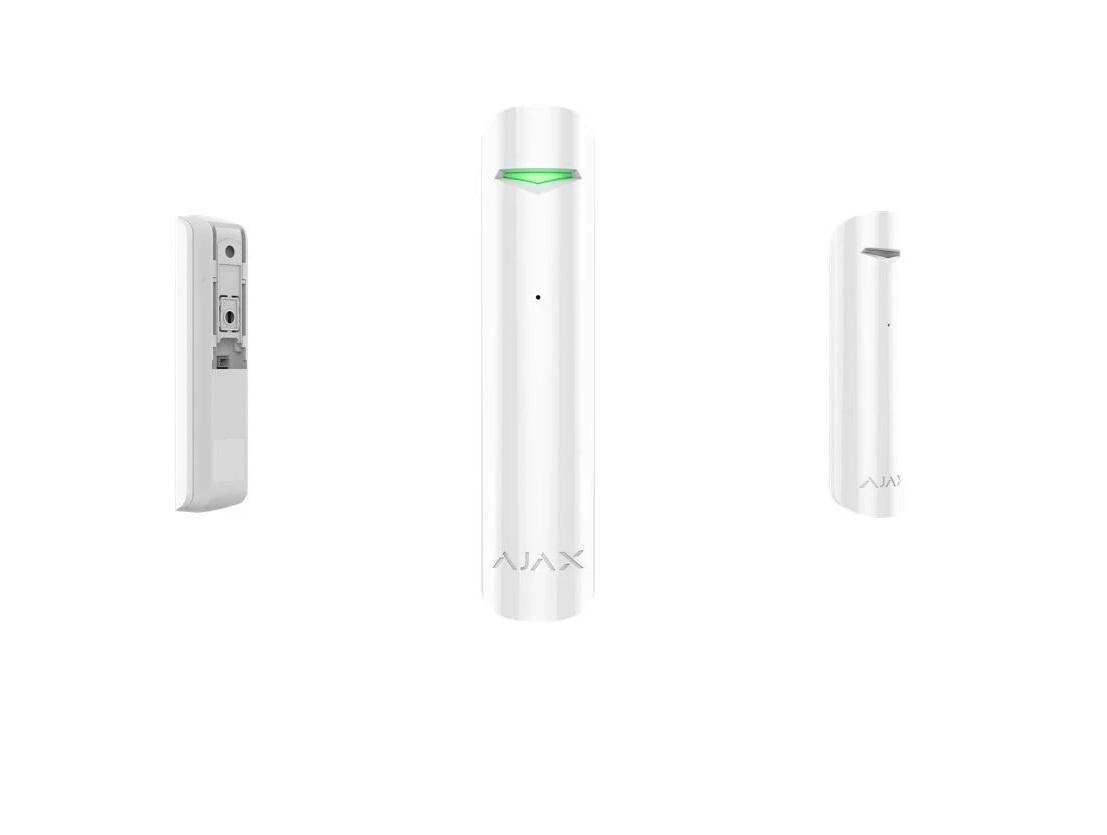 "Detector de geam spart GlassProtect, wireless, alb - AJAX; Detectie geam spart: max. 9 m, Sensibilitate: ajustabila 3 nivele; Unghi detectie: 180°; Timp alarmare: 0.15 s; Senzori: microfon cu electret Frecventa operare: 868.0 - 868.6 MHz; Putere RF: autoajustabila max. 20 mW; Criptare: AES (GLASSPROTECT WH)