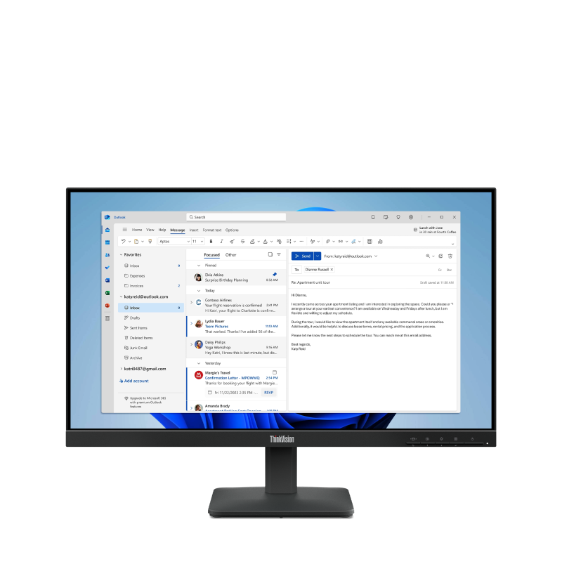 Monitor Lenovo ThinkVision S24-4e; 23.8"IPS, FHD (1920x1080), 16:9, Brightness: 250 cd/m², Contrast ratio: 1300:1, Response time: 4ms GtG (Extreme mode) / 6ms GtG (Typical mode), Dot / Pixel Per Inch: 92 dpi, Color Gamut: 99% sRGB, View angle: 178° / 178°, Stand: Tilt, Side Bezel Width: 2 mm (64B5KAT1EU)