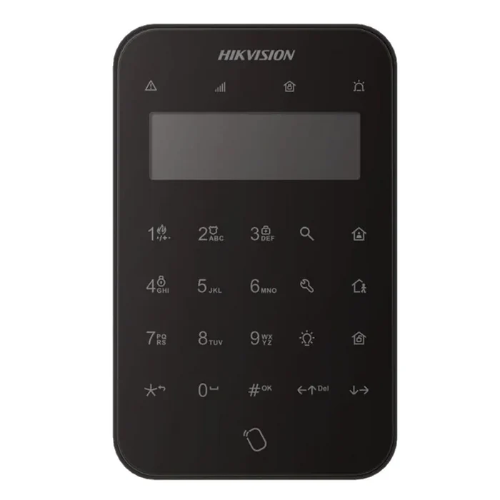 Tastatura wireless LCD AX PRO Hikvision DS-PK1-LT-WE/BK, 868MHz two-way Tri-X wireless technology; distanta comunicare RF : 1200m camp deschis; stay/away arm, disarm, silent alarm, output control; complet configurabil la distanță prin APP; baterii: 4 x CR123 incluse, durata de viata a bateriei: 2 (DS-PK1-LT-WE/BK)