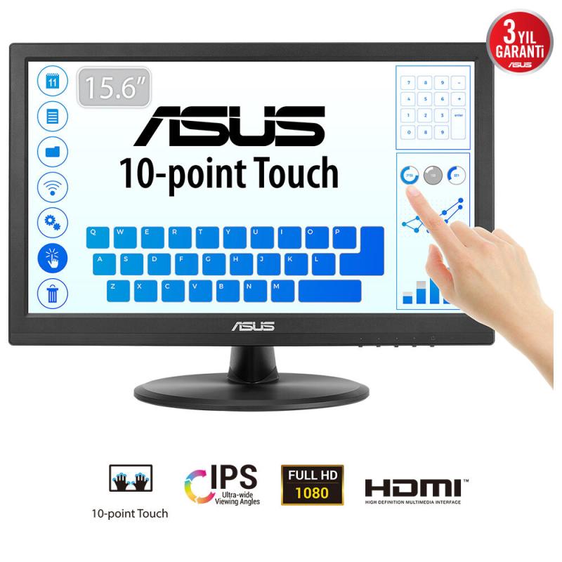 Monitor Asus 15.6" VT169HE, Touch: Yes, Diagonal (inch): 15.6, Diagonal (cm): 39, Aspect ratio: 16:9, Panel: IPS, Refresh Rate: 60Hz, Response time GtG: 5ms, Brightness (max): 250 cd/m², Contrast (static) : 1000:1, Viewing angle: 170/170, Colours: 262K, VESA Wallmount: 75x75, Tilt: -5/+30, D-SUB: 0 (VT169HE)