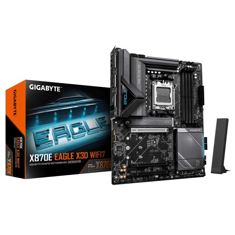 GIGABYTE X870E EAGLE X3D WIFI7. Processor manufacturer: AMD, Processor socket: Socket AM5, Compatible processor series: AMD Ryzen 7000 Series, AMD Ryzen 8000 Series, AMD Ryzen 9000 Series. Supported memory types: DDR5-SDRAM, Maximum internal memory: 256 GB, Memory slots type: DIMM. Supported storage (X870E EAGLE X WF7)
