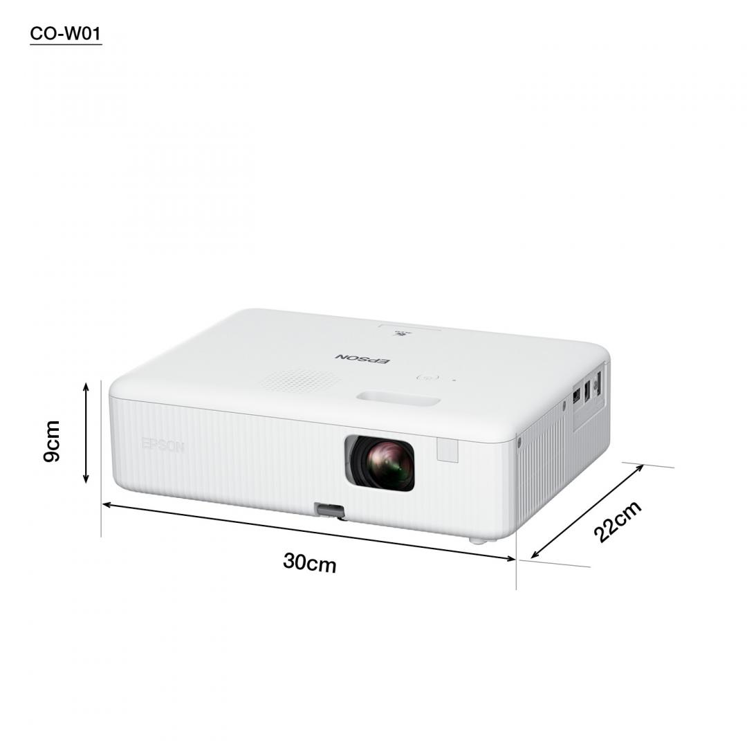 Proiector Epson CO-W01, 3LCD, 3.000 lumeni/ 2.000 Ecomode, WXGA, HD ready, 16:10, lampa 6.000 ore/ 12.000 ore Economy mode, corectie ± 30, zoom 1- 1.35, dimensiune maxima imagine 378", distanta maxima de proiectie 10.4 m, HDMI 1.4, USB 2.0-A, USB 2.0 Type B (Service Only), Kensington lock, boxa 5W (V11HA86040)