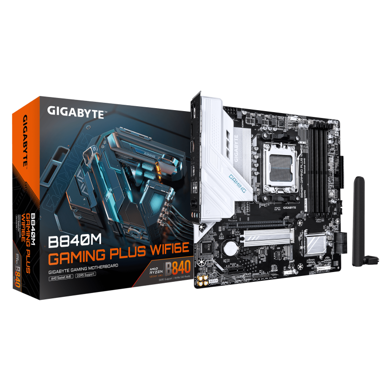GIGABYTE B840M GAMING PLUS WIFI6E. Processor manufacturer: AMD, Processor socket: Socket AM5, Compatible processor series: AMD Ryzen  7000 Series, AMD Ryzen 8000 Series, AMD Ryzen 9000 Series. Supported memory types: DDR5-SDRAM, Maximum internal memory: 256 GB, Memory slots type: DIMM. Supported (B840M GAMING P WF6E)
