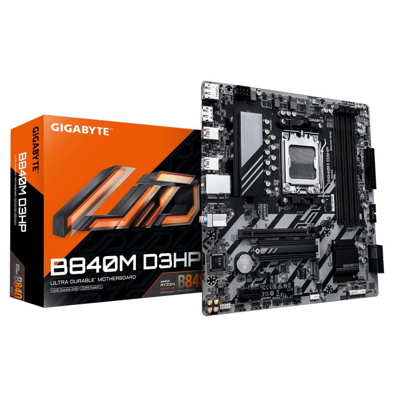GIGABYTE B840M D3HP. Processor manufacturer: AMD, Processor socket: Socket AM5, Compatible processor series: AMD Ryzen 7000 Series, AMD Ryzen 8000 Series, AMD Ryzen 9000 Series. Supported memory types: DDR5-SDRAM, Maximum internal memory: 256 GB, Memory slots type: DIMM. Supported storage drive (B840M D3HP)