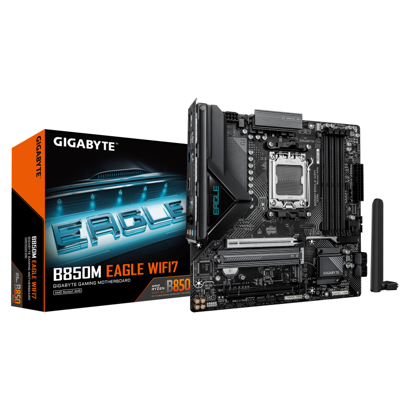 GIGABYTE B850M EAGLE WIFI7. Processor manufacturer: AMD, Processor socket: Socket AM5, Compatible processor series: AMD Ryzen 7000 Series, AMD Ryzen 8000 Series, AMD Ryzen 9000 Series. Supported memory types: DDR5-SDRAM, Maximum internal memory: 256 GB, Memory slots type: DIMM. Supported storage (B850M EAGLE WF7)