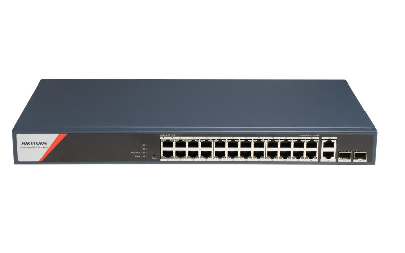 Switch PoE Hikvision DS-3E1528HP-SI-24P2T2F: 24 x 10/100/1000 Mbps PoE Ports, 2 × 10/100/1000 Mbps RJ45, 2 x 10/100/1000 Mbps SFP, 24 porturi PoE maxim 90W, buget PoE 370W, tensiune alimentare: 100-240V~ 50/60Hz 6.3 A, dimensiuni: 440 mm × 44 mm × 220.8 mm, greutate: 2.975kg, montare pe birou sau in (DS-3E1528HP-SI-24P2T2F)