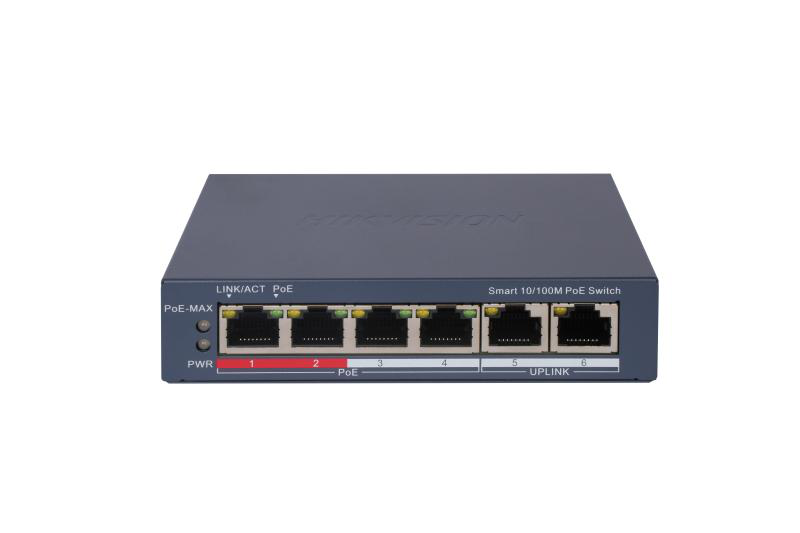 Switch PoE Hikvision DS-3E1106P-EI: 4 × 10/100 Mbps PoE port,2 × 10/100 Mbps RJ45 port, 4 porturi PoE maxim 30W, buget PoE 60W, tensiune alimentare 65 W, dimensiuni: 121.1 mm × 27.6 mm × 83.1 mm, greutate: 0.270kg, montare pe birou sau pe perete. (DS-3E1106P-EI)