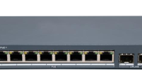 Switch PoE Hikvision DS-3E1510P-EI/M-8P2F: 8 × Gigabit PoE port,2 × Gigabit Fiber Optical port, 8 porturi PoE maxim 30W, buget PoE 80W, tensiune alimentare 54VDC, 1.6A, dimensiuni: 217.6 mm × 27.6 mm × 108.5 mm, greutate: 1.08kg, montare pe birou sau pe perete. (DS-3E1510P-EI/M-8P2F)