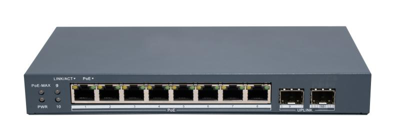 Switch PoE Hikvision DS-3E1510P-EI/M-8P2F: 8 × Gigabit PoE port,2 × Gigabit Fiber Optical port, 8 porturi PoE maxim 30W, buget PoE 80W, tensiune alimentare 54VDC, 1.6A, dimensiuni: 217.6 mm × 27.6 mm × 108.5 mm, greutate: 1.08kg, montare pe birou sau pe perete. (DS-3E1510P-EI/M-8P2F)