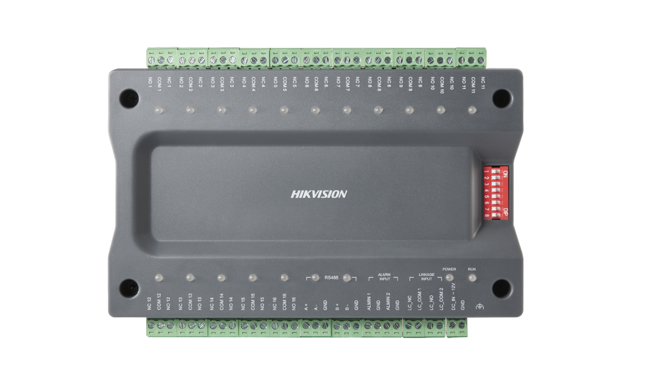 Extensie controler lift Hikvision DS-K2M0016A, 2 x interfata RS-485, 2 x intrari alarma, 16 x intrari de releu, 1 x buzzer, comunicare RS-485 cu Master controler, sistemul permite o configuratie pana la 8 extensii, alimentare: 12 VDC, dimensiuni: 167mm x 105mm x 30mm (DS-K2M0016A)