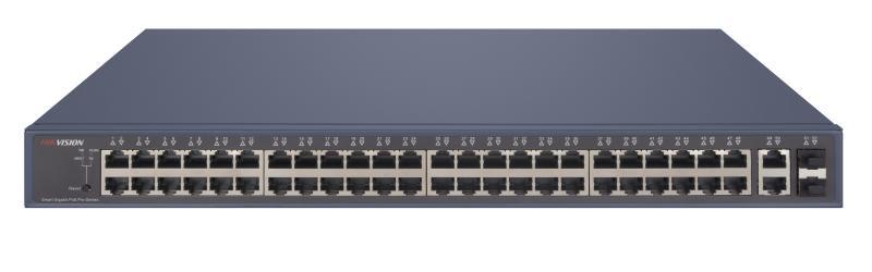Switch PoE Hikvision DS-3E1552P-SI: 48 x 10/100/1000M PoE Ports, 2 x gigabit RJ45, 2 x gigabit SFP, buget PoE 470 W, tensiune alimentare 100 to 240 V AC, 50/60 Hz, Max. 7.5 A, dimensiuni: 440.00 mm × 44.00 mm × 323.80 mm, greutate: 4.35kg, montare in rack. (DS-3E1552P-SI)