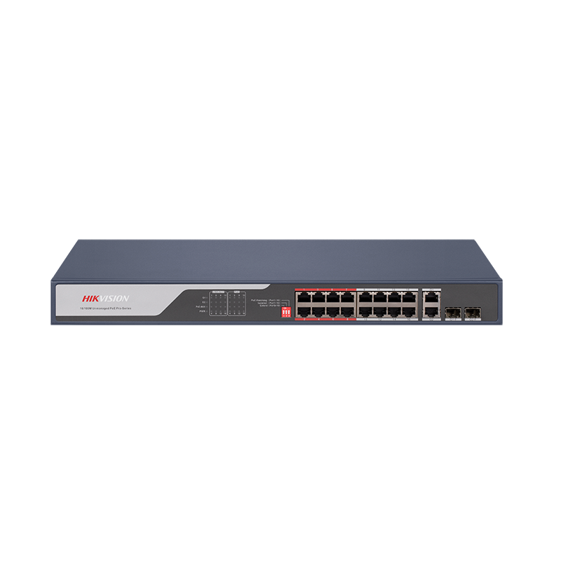 16 Port Fast Ethernet Unmanaged POE Switch Hikvision DS-3E0318P-E(C) Intelligent PoE management. Up to 300 m long range PoE transmission. Port isolation to improve network security. 6 KV surge protection to improve reliability in harsh environment. PoE watchdog to auto-detect and restart cameras (DS-3E0318P-E(C))