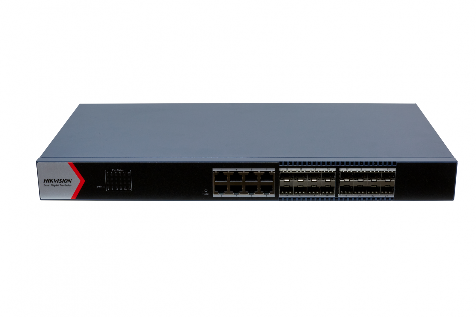 24 Port Aggregation Switch Hikvision DS-3E1524-SI-16F8T 8 x gigabit RJ45 port,16 x gigabit fiber optical port Support DHCP snooping Support 802.1Q VLAN Support ACL list Support STP/ERPS loop prevention, storm control Support ARP Anti-Spoofing Support SNMP, QoS 6 kV Surge Protection (DS-3E1524-SI-16F8T)