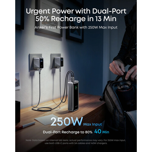 POWER BANK Anker "Prime" 26.250 mAh, 300W PowerIQ 4.0, 2 x USB-C, 1 x USB-A, afisaj LED, conectare Bluetooth, control prin app, 600, gri, "A110AH11" (timbru verde 0.98 lei) - 194644239299 - imagine 3
