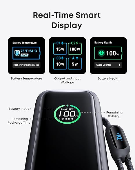 POWER BANK Anker 25.000 mAh, 165W 2 x cablu USB-C incorporat, 3 x USB-C (max 100W per port), 1 x USB-A (max 30W), afisaj LED, 595g, gri, "A1695H11" (timbru verde 0.98 lei) - 0194644288679 - imagine 4