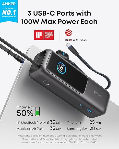 POWER BANK Anker 25.000 mAh, 165W 2 x cablu USB-C incorporat, 3 x USB-C (max 100W per port), 1 x USB-A (max 30W), afisaj LED, 595g, gri, "A1695H11" (timbru verde 0.98 lei) - 0194644288679 - imagine 2