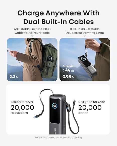 POWER BANK Anker 25.000 mAh, 165W 2 x cablu USB-C incorporat, 3 x USB-C (max 100W per port), 1 x USB-A (max 30W), afisaj LED, 595g, gri, "A1695H11" (timbru verde 0.98 lei) - 0194644288679 - imagine 5