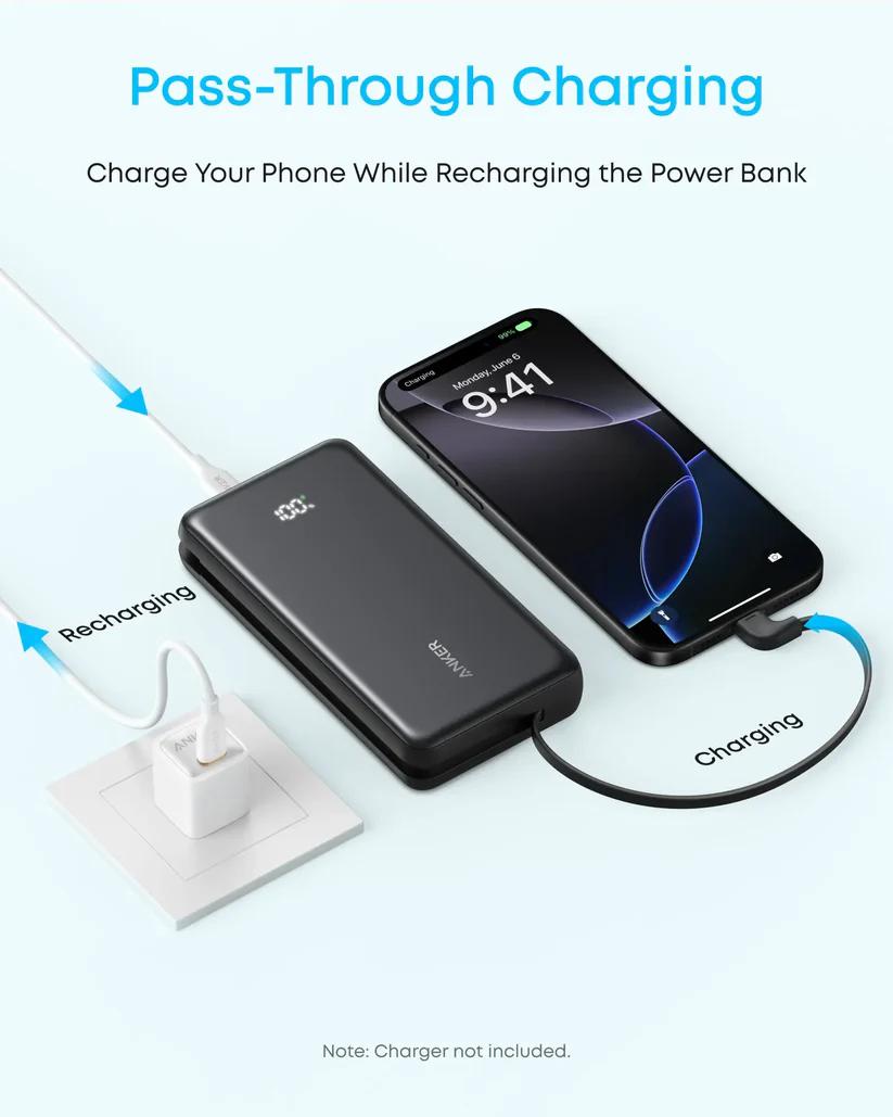 POWER BANK Anker 20.000 mAh, 22.5W Fast charge, 1 x USB-C, 1 x USB-A, afisaj electronic, cablu USB-C inclus, 392g, negru, "A110EH11" (timbru verde 0.98 lei) - 194644291471 - imagine 2
