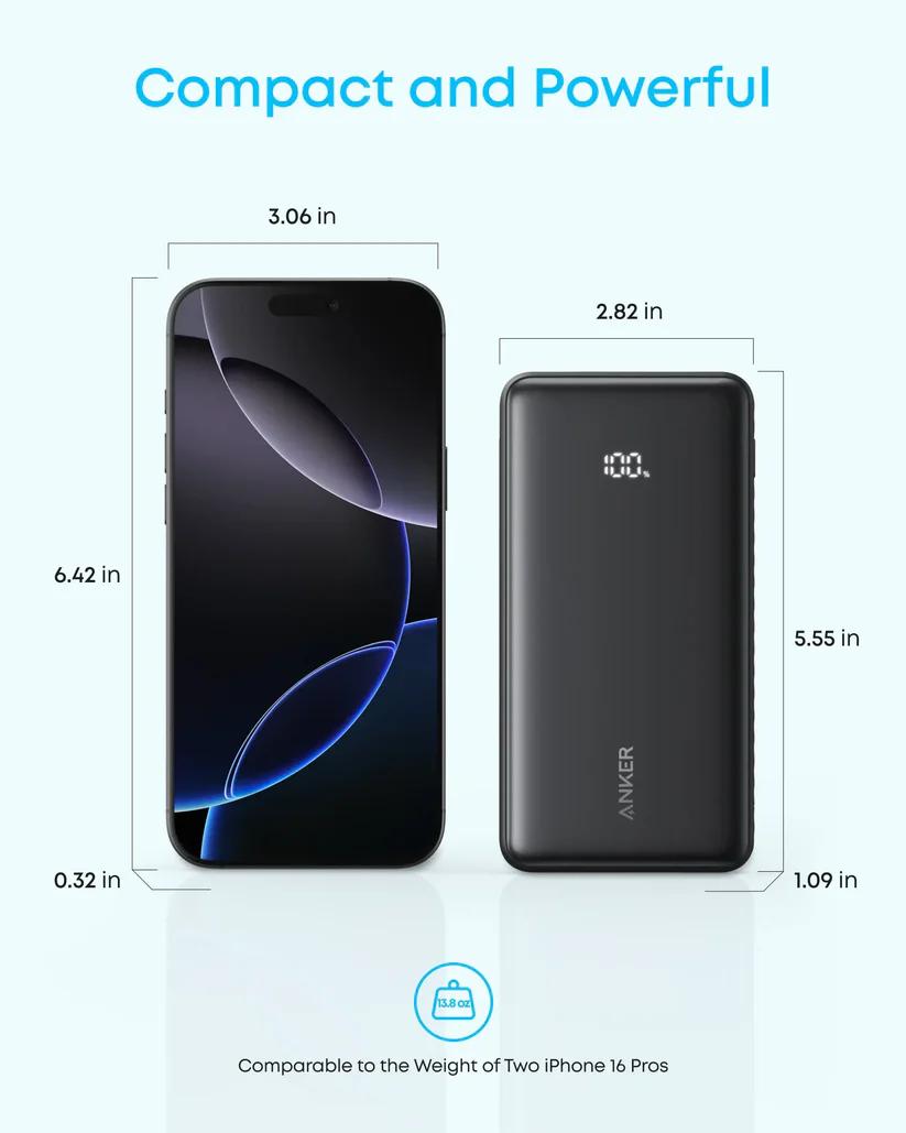 POWER BANK Anker 20.000 mAh, 22.5W Fast charge, 1 x USB-C, 1 x USB-A, afisaj electronic, cablu USB-C inclus, 392g, negru, "A110EH11" (timbru verde 0.98 lei) - 194644291471 - imagine 3