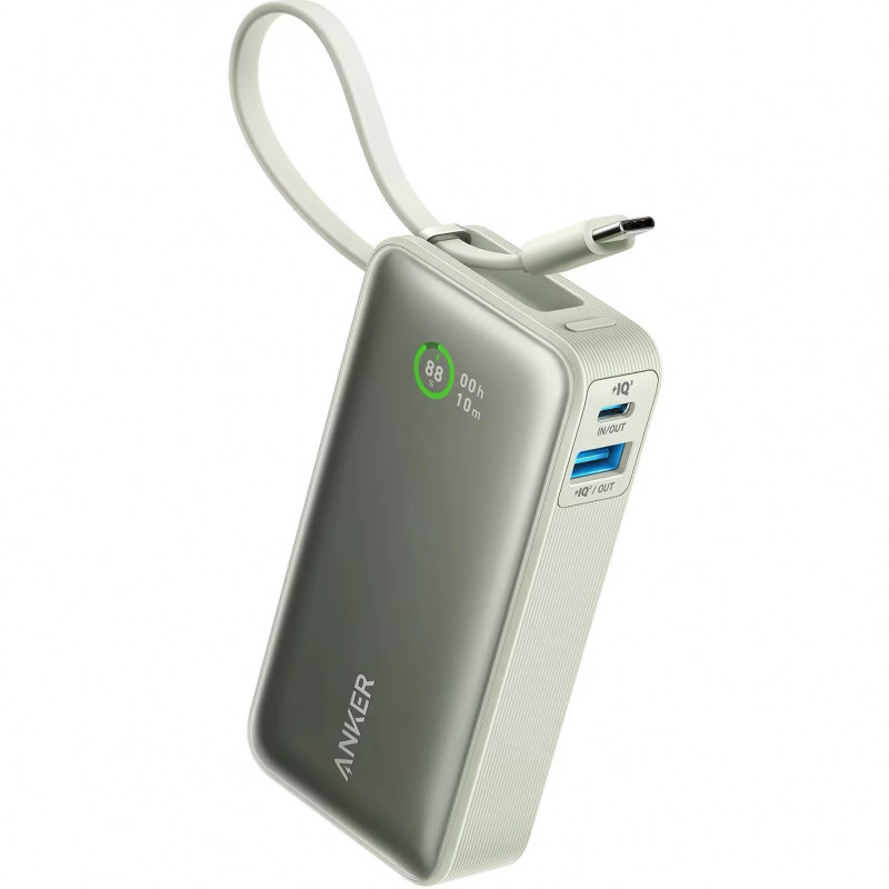 POWER BANK Anker "Nano" 10.000 mAh, 30W PD si Power IQ 3.0, 1 x USB, 1 x USB-C, cablu USB-C, incarcare bidirectionala, 213 g, verde, "A1259G61" (timbru verde 0.98 lei) - 0194644179373