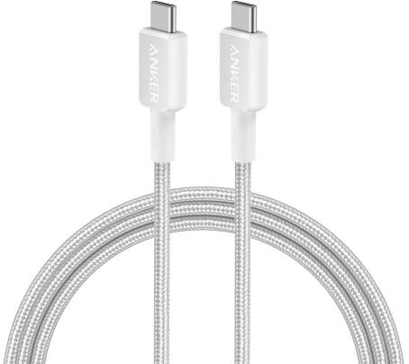 Cablu alimentare si date Anker, USB Type-C (T) la USB Type-C (T), 0.9m rata transfer 480 Mbps, 60W, invelis nylon, braided, alb, "A81F5G21" (timbru verde 0.03 lei) - 0848061019612