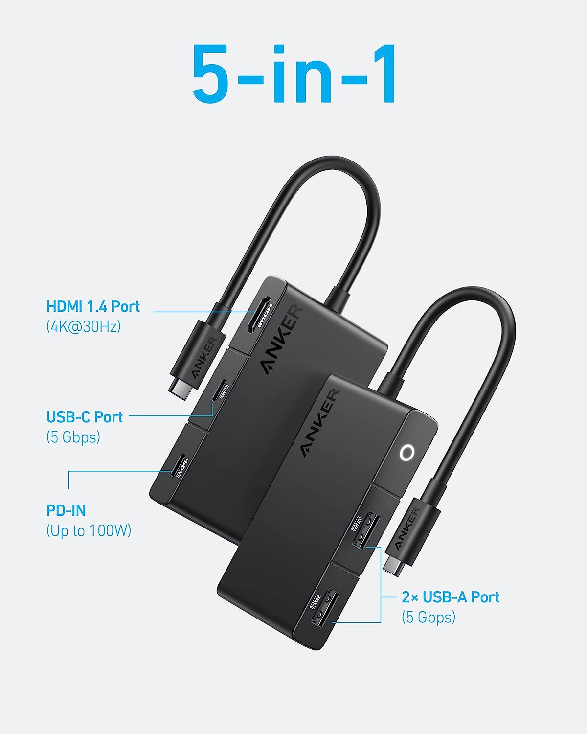 DOCKING Station Anker 5-in-1, porturi: HDMI(M) 4K 30Hz,2xUSB 3.2 gen1, USB Type-C,PD 100W,conectare prin USB Type-C(T),rata transfer 5Gbps, ABS, negru "A8356G11" (timbru verde 0.18 lei)-0194644125639 - imagine 2