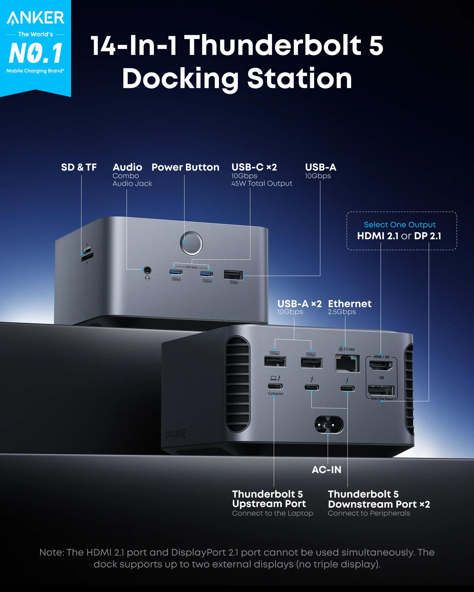 DOCKING Station Anker 14-in-1, porturi: 1xThunderbolt 5 up 140W, 2xThunderbolt 5 downs 15W, 3xUSB-A 10Gbps, 2xUSB-C max 45W, 1xHDMI, 1xDisplay port, 1xRJ-45 2.5Gbps, 1xSD/TF, conect USB-C, gri "A83B53A1" (timbru verde 0.18 lei - 0194644291839 - imagine 2