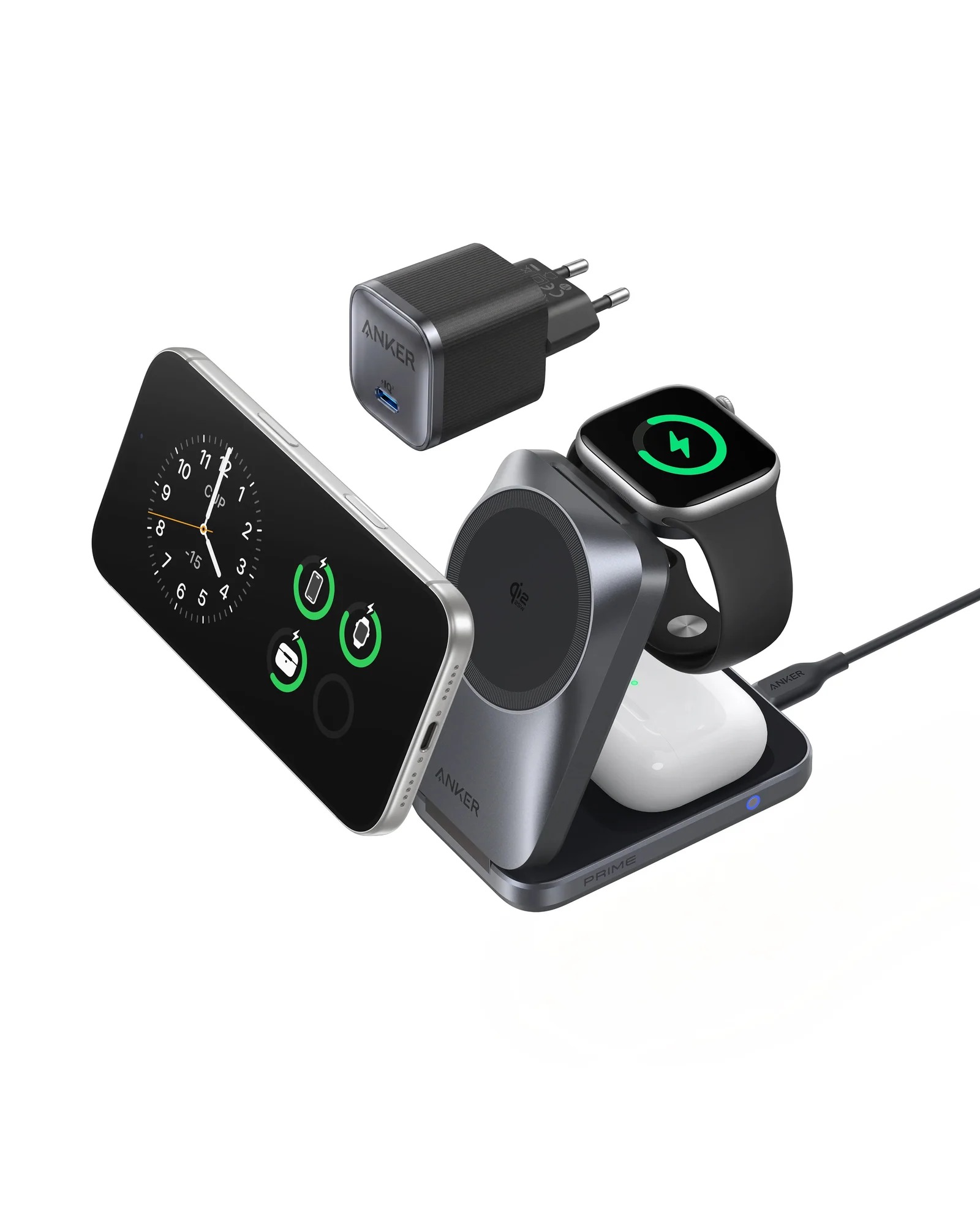 Statie de incarcare wireless 3 in 1 Anker, Prime, 45W, portabil, pliabil, fast charge, pentru iPhone seriile 12-17, Apple Watch, AirPods,exceptie iPhone 17 Air, 1 x USB-C incarcare, gri, "B25N1G11" (timbru verde 0.18 lei) - 0194644321809 - imagine 2