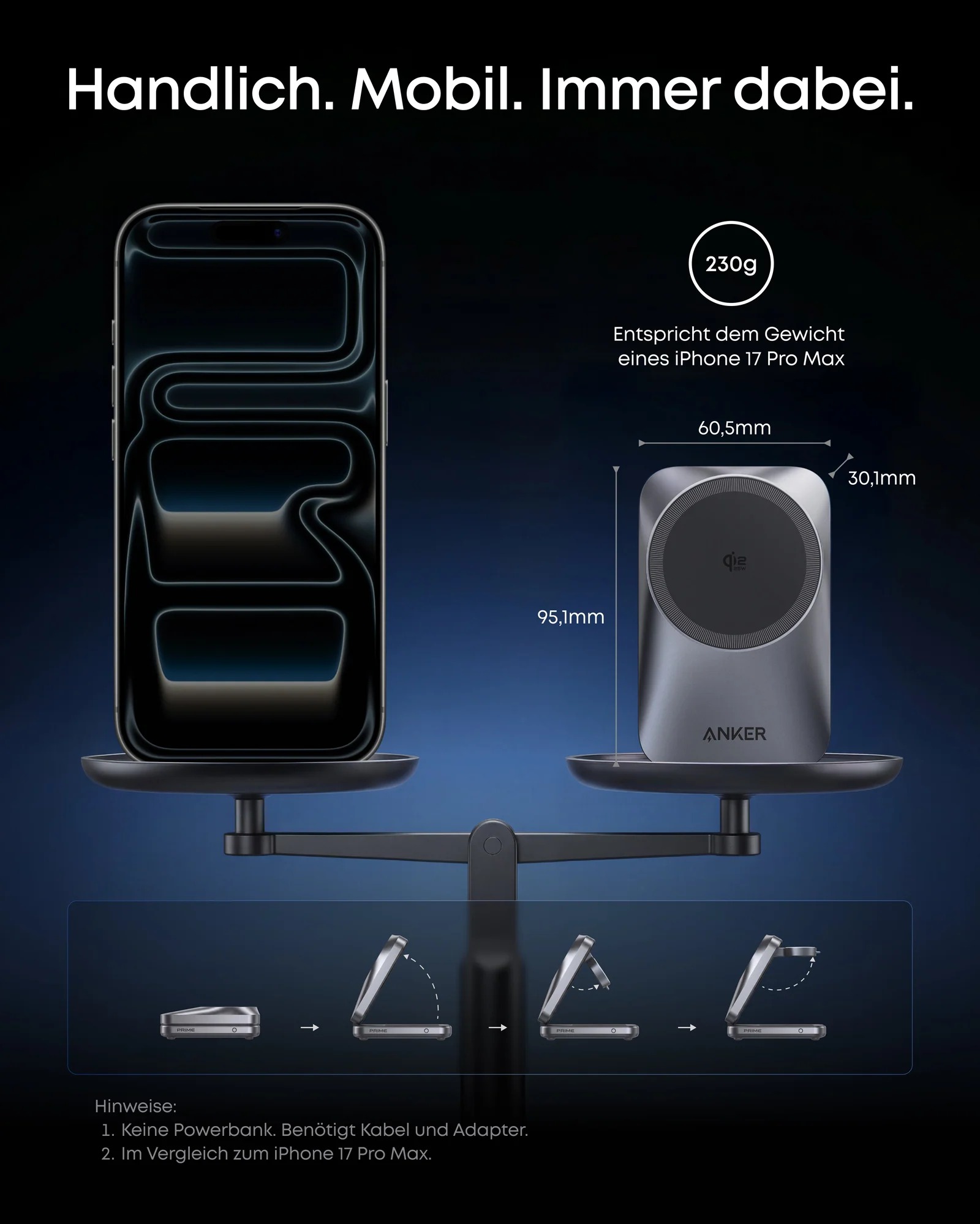 Statie de incarcare wireless 3 in 1 Anker, Prime, 45W, portabil, pliabil, fast charge, pentru iPhone seriile 12-17, Apple Watch, AirPods,exceptie iPhone 17 Air, 1 x USB-C incarcare, gri, "B25N1G11" (timbru verde 0.18 lei) - 0194644321809 - imagine 5