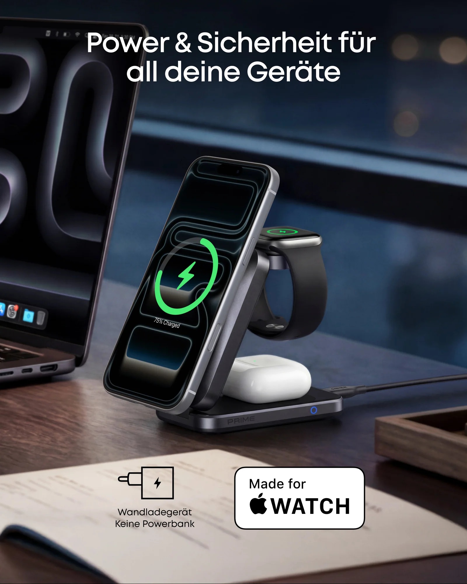 Statie de incarcare wireless 3 in 1 Anker, Prime, 45W, portabil, pliabil, fast charge, pentru iPhone seriile 12-17, Apple Watch, AirPods,exceptie iPhone 17 Air, 1 x USB-C incarcare, gri, "B25N1G11" (timbru verde 0.18 lei) - 0194644321809 - imagine 8