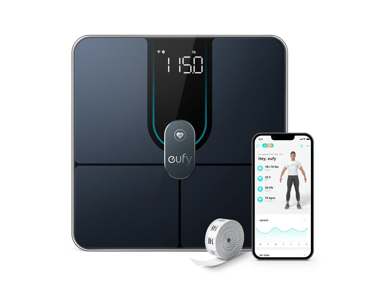 Cantar inteligent Eufy P2Pro, 16 masuratori detaliate, Wi-Fi, Bluetooth, max 180Kg "T9149111" (timbru verde 2 lei) - 0194644087517