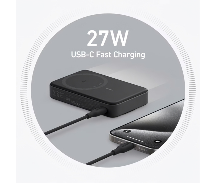 POWER BANK Anker "MagGo" 10.000 mAh, 27W Qi 2.0 15W, suport pliabil, compatibil iPhone 15/14/13/12, 1 x USB-C, afisaj inteligent, 389 g, negru, "A1654G11" (timbru verde 0.98 lei) - 194644173388 - imagine 2