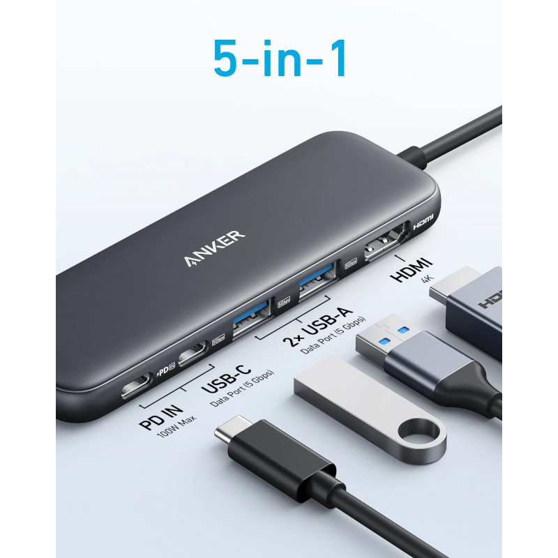 DOCKING Station Anker 5-in-1, porturi: 2 x USB-C, 2 x USB-A, HDMI 4K la 30Hz, 5 Gbps, PD 85W, conectare prin USB-C, gri, "A8355H11" (timbru verde 0.18 lei - 0194644101237 - imagine 2