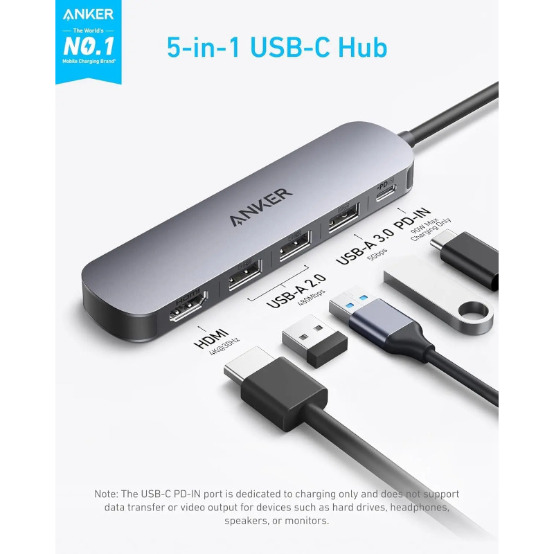 DOCKING Station Anker 5-in-1, porturi: 1 x USB-C, 3 x USB-A, 1 x HDMI 4K la 30Hz, PD 90W, conectare prin USB-C, gri, "A8357HA0" (timbru verde 0.18 lei - 0194644289133 - imagine 2