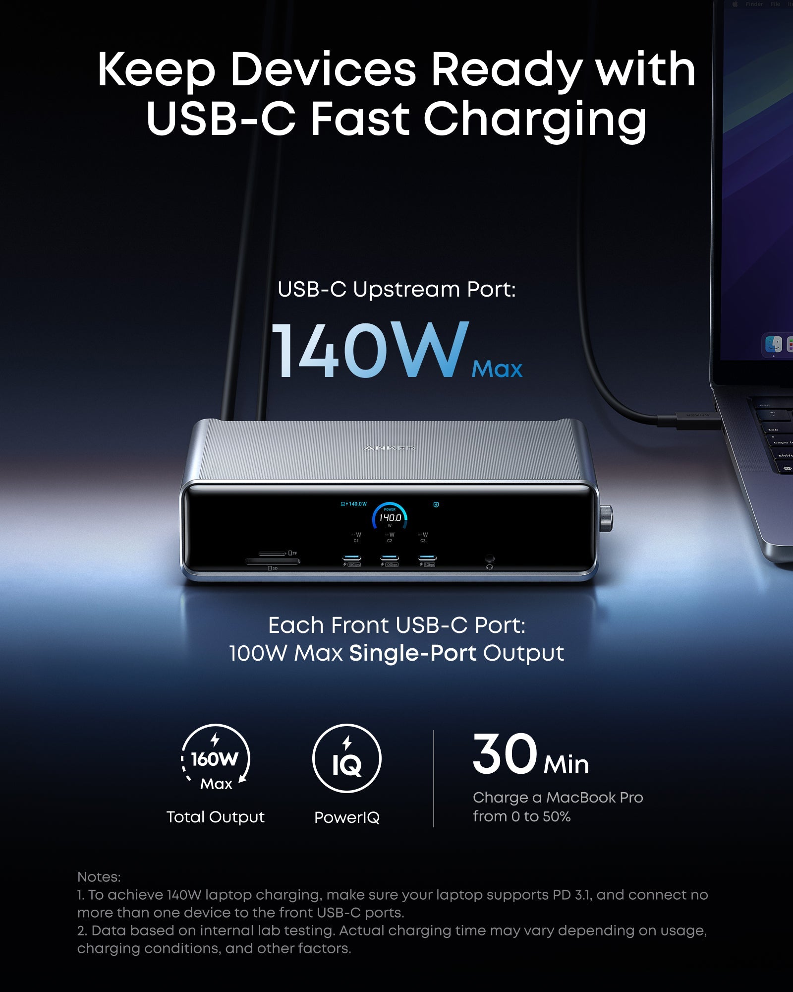 DOCKING Station Anker Prime 14-in-1, porturi: 3 x USB-C, 3 x USB-A, 2xHDMI, 1xDisplay port, RJ-45 2.5Gbps, SD,TF, afisaj digital, PD 140W, conectare prin USB-C, retea, gri, "A83B33A1" (timbru verde 0.18 lei - 0194644291846 - imagine 4