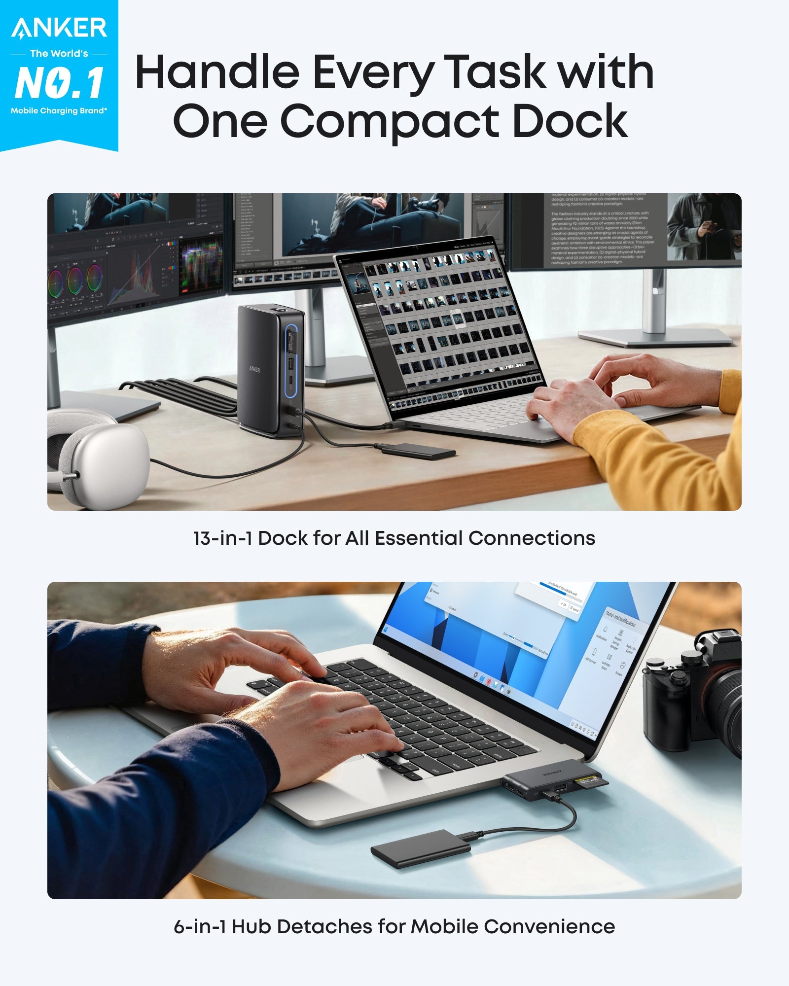 DOCKING Station Anker Nano 13-in-1, porturi: 3 x USB-C, 3 x USB-A, 2xHDMI, 1xDisplay port, RJ-45 1Gbps, SD,TF, mini HUB 6-in-1 detasabil, conectare prin USB-C, retea, gri, "A83C3311" (timbru verde 0.18 lei - 0194644273842 - imagine 2