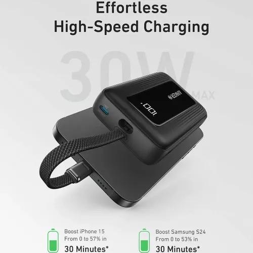 POWER BANK Anker "Zolo" 20.000 mAh, 30W cablu USB-C incorporat, 1 x USB-C, 1 x USB-A, afisaj LED, 350g, negru, "A1689H11" (timbru verde 0.98 lei) - 0194644200442 - imagine 2