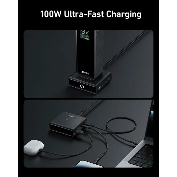 BAZA de incarcare baterie externa Anker "Prime" ,100W, incarcare rapida 4-in-1,PD si Power IQ 3.0,rez la socuri, 1xUSB,2xUSB-C, 1xPogo Pin,498 g, negru, "A1902311" (timbru verde 0.98 lei)-194644150662 - imagine 2