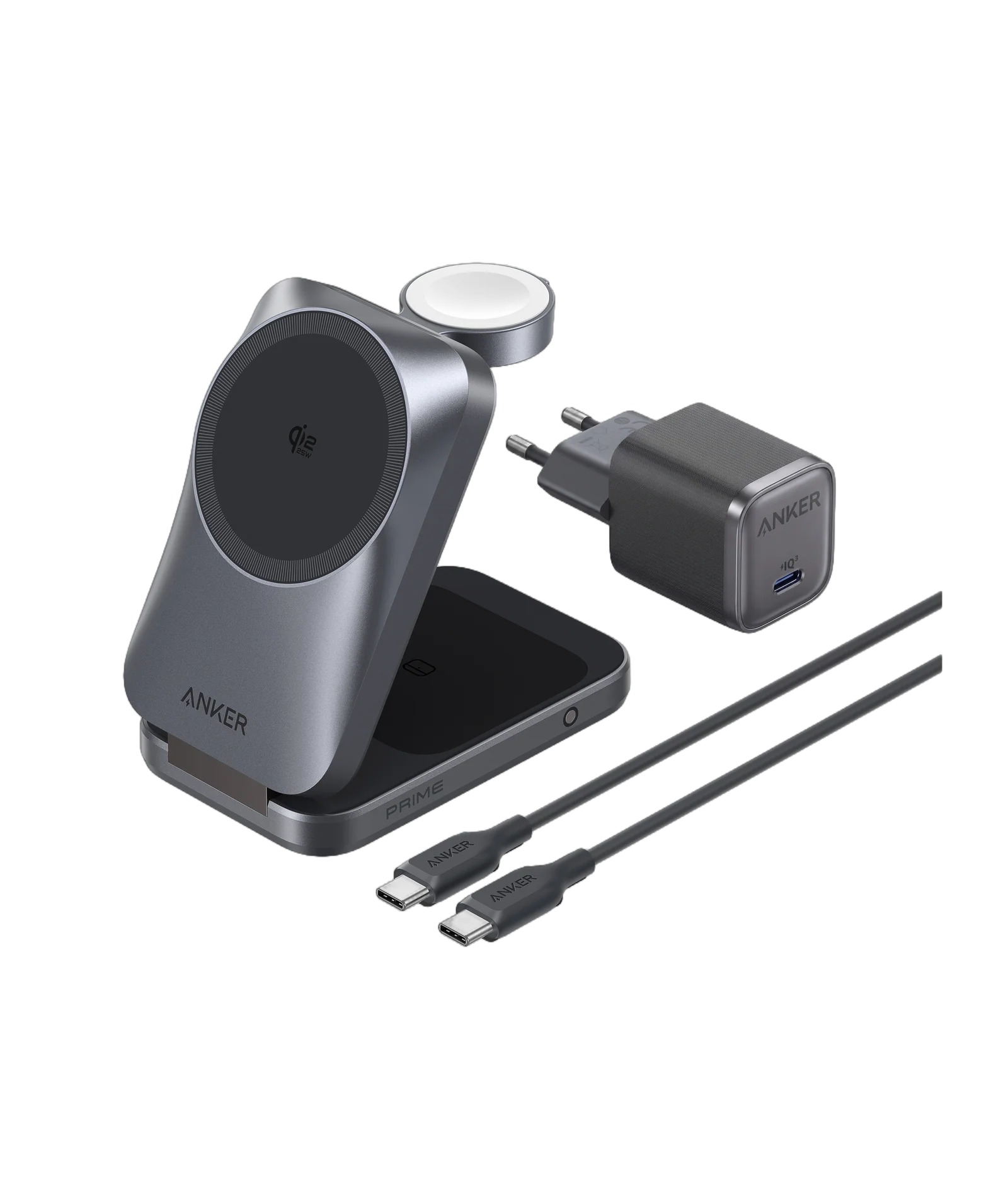 Statie de incarcare wireless 3 in 1 Anker, Prime, 45W, portabil, pliabil, fast charge, pentru iPhone seriile 12-17, Apple Watch, AirPods,exceptie iPhone 17 Air, 1 x USB-C incarcare, gri, "B25N1G11" (timbru verde 0.18 lei) - 0194644321809