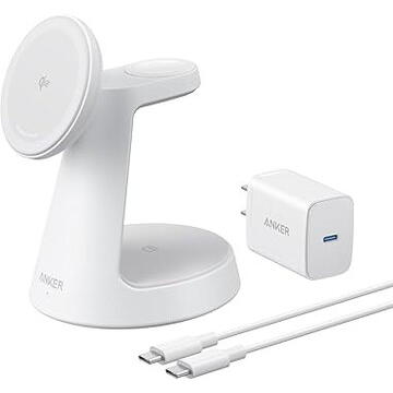 Stand cu incarcare wireless 3 in 1 Anker, MagGo 3-in-1, 15W, fast charge, pentru iPhone seriile 12-16. apple Watch si AirPods, cablu USB-C inclus, 1 x USB-C incarcare, alb, "B25M4G21" (timbru verde 0.18 lei) - 0194644206772