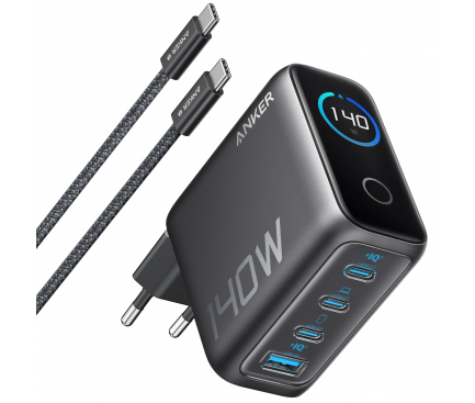 Alimentator retea Anker, 140W, fast charge, 3 x USB-C, 1 x USB-A, incarcare simultana 2 porturi 140W, afisaj LED, PD, gri, "B2697GZ1" (timbru verde 0.18 lei) - 0194644289614