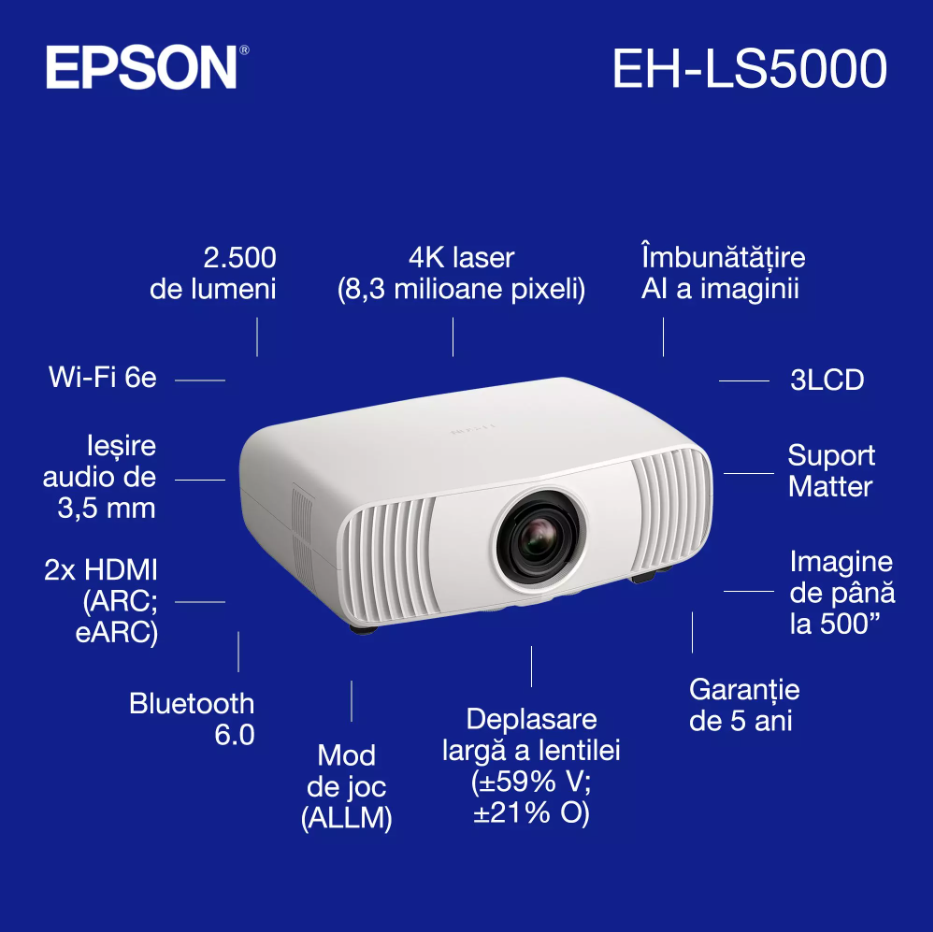 PROJECTOR EPSON EH-LS5000 LASER 4K, Tehnologie 3LCD, display 0.62", Luminozitate: 2.500 Lumeni, 1.250 Lumeni ECO, Rezolutie: 4K, Aspect ratio: 16:9, 8.294.400 pixeli, Contrast: > 3.000.000 : 1, Sursa lumina: Laser, Durata de viata: 20.000h, 1,07 miliarde culori, HDR10, HLG, Dimensiuni proiectie (V11HC39040) - imagine 4
